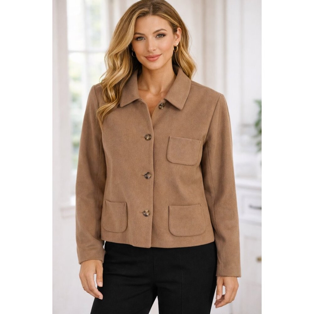 Harvé Benard Crop Size 16 Light Tan Wool Blend Jacket  Button Front Pocket